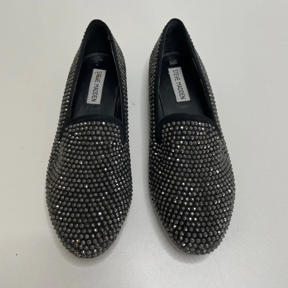 Steve Madden Womens Black Rhinestone Loafers Sparkle Flat 8.5 MJ Michael Jackson